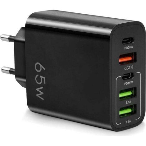65-W-Schnellladegerät mit USB-C-Anschluss, Multiport-Adapter mit 2 USB-C-Anschlüssen + 2 USB-Anschlüssen + 1 QC 3.0-Anschluss, 5-Port-USB-Ladegerät kompatibel mit iPhone 14 Pro Max 13 12 11 XS XR 8 7, (1/4)