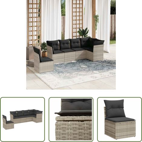 Gartensessel - 6-tlg. Garten-Sofagarnitur mit Kissen Hellgrau Poly Rattan (1/5)