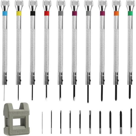 Lot de 21 tournevis de précision pour horloger - 0,6 à 1,6 mm - Pour bijoutiers, montres, lunettes, horloges, bijoux, outils de réparation (10 tournevis, 10 embouts, 1 démagnétiseur) (1/4)