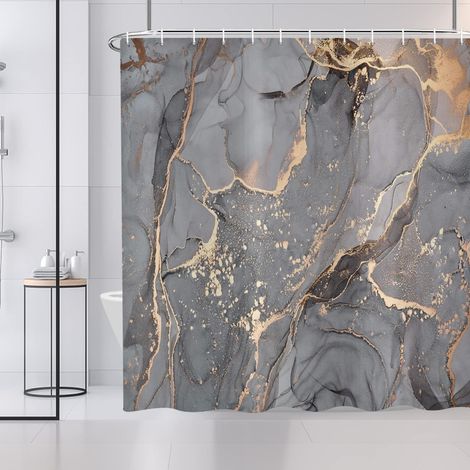 Rideau de Douche Gris Or Marbre 180x200 cm, Moderne Abstrait Gris Or Noir Aspect Marbre Texture Lavable Textile Rideau Douche imperméable pour Baignoire avec 12 Crochets (1/5)