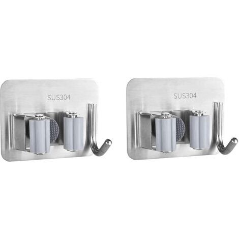 2 Pièces Porte Balai,Acier Inoxydable Porte Balais Mural,Adhésif Mop Support Avec Crochets pour Cuisine Salle de Bain Jardin (1/5)