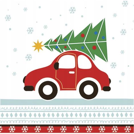 Tovaglioli di carta natalizi con motivo albero di Natale e auto, 33x33 cm, 20 pezzi.