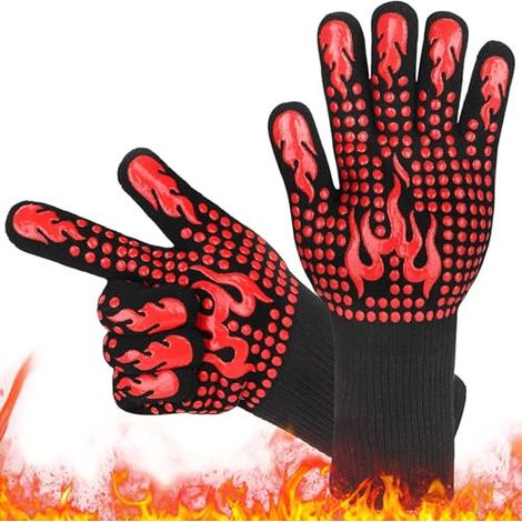 Guanti da barbecue resistenti al calore fino a 800°C – Guanti da forno in fibra aramidica e silicone per barbecue, cottura, uso in forno – Antiscivolo, traspiranti e lavabili (1 paio, rosso)
