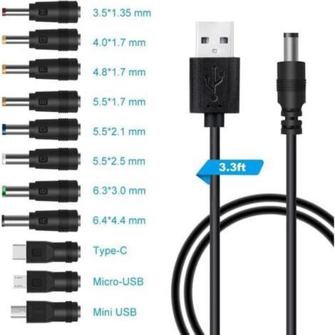 5V USB to DC cable, USB to DC power cord, 11-in-1 DC power adapter (1 meter, black) (1/5)