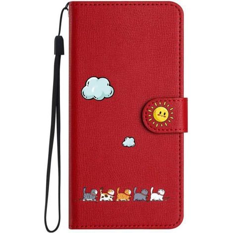 Coque Portefeuille Pour iPhone 15 Pro - Cuir PU Et TPU - Fermeture Magnétique - Fonction Support - Motif Chat - Rouge - 1 Pièce (1/5)