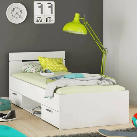 Dmora - Cama individual Buech, Sommier para dormitorio, Estructura de cama por habitación, Estructura del sostenedor del colchón, 204x95 h74 cm, Blanco mate (1/5)