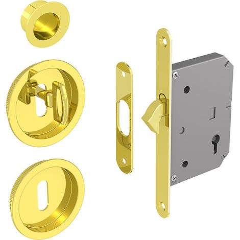 Hakenschloss Set für Schiebetüren, mit Schlüssel, runde Türrosette mit Griffmulde, gold