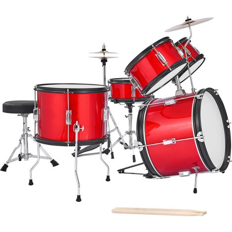 Ensemble de batterie enfant 5 pièces 16 pouces, kit de percussion débutant avec siège réglable et 2 paires de baguettes, instrument musical pour apprendre, pour enfants 6-13 ans (rouge) (1/5)
