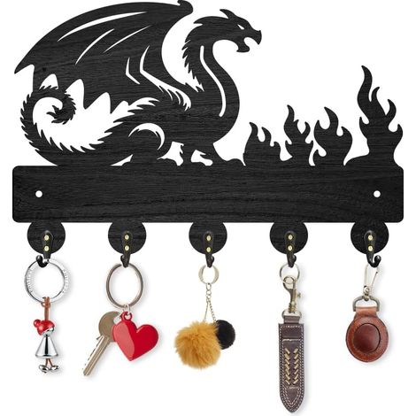 Dragon Porte-clés en bois noir pour Halloween 7,9 pouces × 11,8 pouces Flammes Porte-clés Support mural Dragon Porte-clés avec 5 crochets Organisateur de clés Cintre pour la maison (1/5)