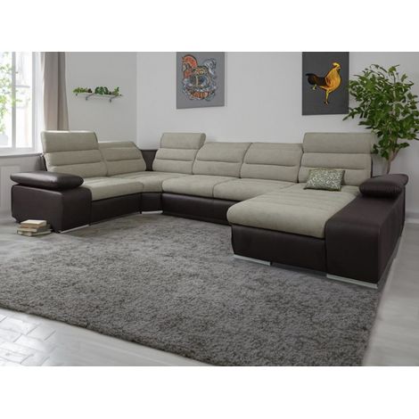 Tendencio – Canapé d'angle panoramique beige et marron – Longueur 365 cm – Angle gauche – Espace convivial et élégant pour salon