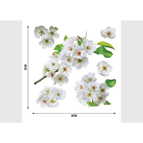 Stickers Fleurs blanches et feuilles de pommier - 1 planche 30x30cm (1/5)