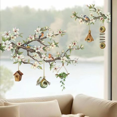 Stickers fenêtre fleurs blanches avec motifs colibris printaniers et branches, stickers double face épaissis et anti-collision (30 x 60 cm) (1/5)