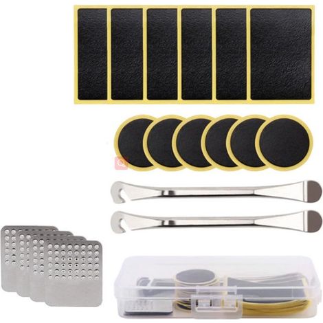Kit de réparation de pneus de vélo 12 pièces, avec patchs autocollants, 2 limes métalliques et 2 démonte-pneus, pour VTT, vélos de route et vélos de ville (1/5)