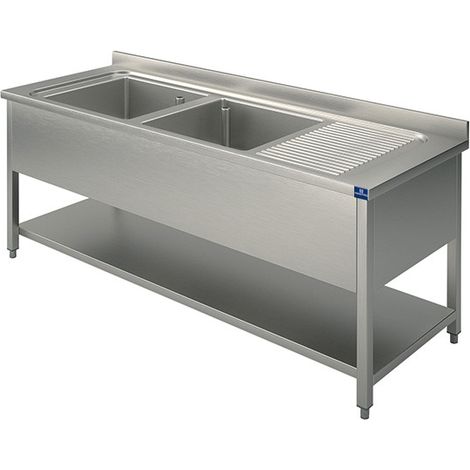 Plonge, 2 Bacs, Égouttoir à Droite, Sur Piètement, Avec Étagère Inférieure, 1400X600 mm - Mastro