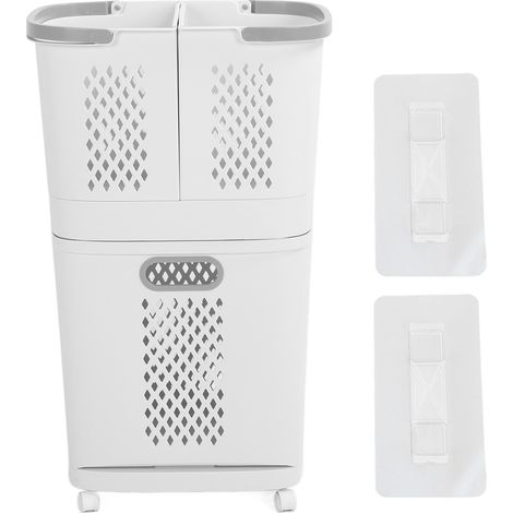 Panier à linge en plastique, panier de rangement pour vêtements sales ménagers avec roulettes, 3 bacs indépendants (1/5)