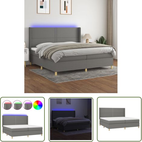 The Living Store Sommier à lattes de lit matelas LED Gris foncé 200x200 cm Tissu - Sommier Tapissier - Lit Plateforme - Lit Avec Led - Matelas À Ressorts Ensachés - Têtière Ajustable (1/5)