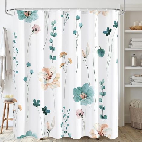 Rideau de douche floral aquarelle, motif fleurs bleu sarcelle et beige, tissu imperméable blanc moderne minimaliste pour salle de bain, ensemble avec crochets 180x180 cm (1/5)