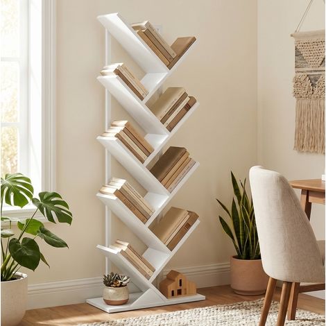 MODFU – Libreria ad albero 50x24x136 cm in acciaio con 8 scomparti, vano CD/DVD, anti-ribaltamento e carico 27 kg – Bianco (1/5)