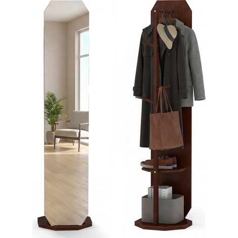 Miroir sur Pied, Miroir avec Porte-Manteau 3 en 1, Base Pivotante à 360°, 2 Étagères, 4 Crochets et 1/2/2 Barres, pour Chambre à Coucher, Vestiaire, (1/5)