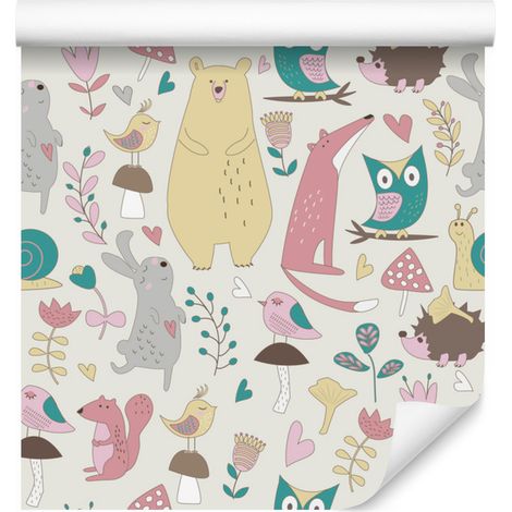 Papel pintado con alegres animales del bosque para salón y dormitorio, 50x1000 cm. (1/5)