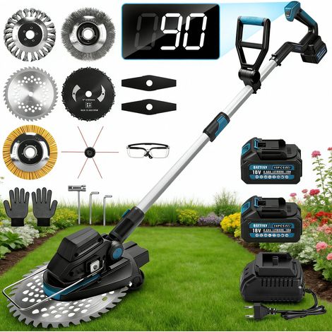 1200W Debroussailleuse à Batterie Electrique Brushless avec 2x4.0AH Batt. 16800 RPM, Coupe-Bordures Sans Fil avec 7 Types de Lames Ø250 mm Max, pour la Coupe de Jardin, Pelouse (1/5)