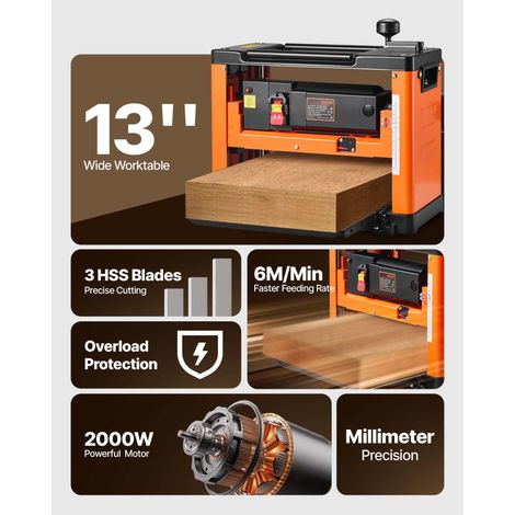 Raboteuse à mettre sur établi, 3 lames, table 330 mm, moteur 2000W 23500 tr/min, double rouleau, protection surcharge, vitesse fixe, bois dur et tendre (1/5)