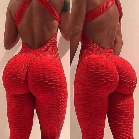 Yoga-Jumpsuit für Damen, Push-up-Effekt für den Po, hoher Bund, figurformend und flacher Bauch, Größen S bis XL, rot. (1/4)