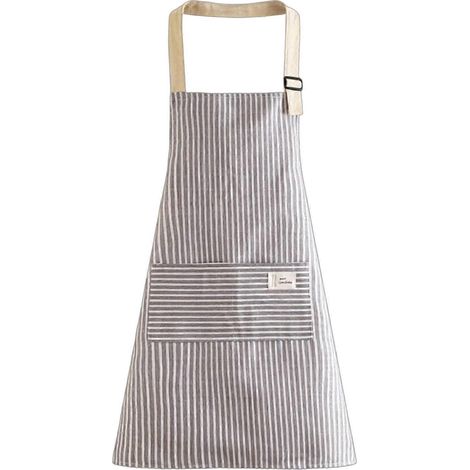 Tablier à bavette ajustable avec grande poche plaquée, en coton et lin rayé, respirant et résistant à l'huile, convenant aux hommes et aux femmes. (1/5)