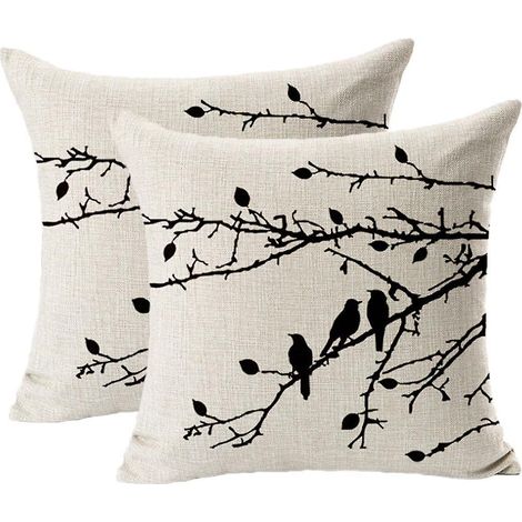 Set aus 2 Vintage-Kissenbezügen mit Muschel- und Vogelzweigmuster, schwarz, 45 x 45 cm (1/4)