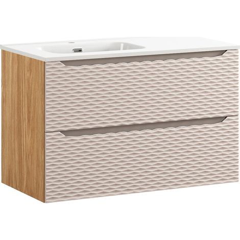 Petits-Meubles – Meuble sous vasque 90 cm avec vasque céramique blanche – Finition beige et bois chêne huilé – Montage mural recommandé (1/5)