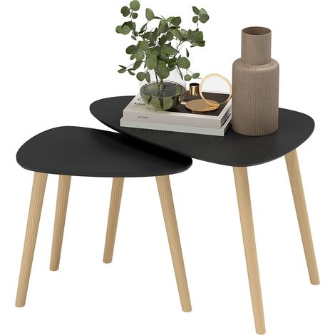 Zweiteiliges Set aus ineinander schiebbaren Couchtischen im skandinavischen Design mit Holzbeinen und Holzplatte, schwarz