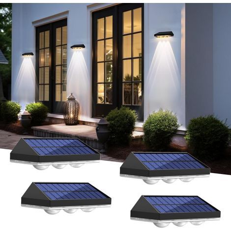 Lot de 4 Lampe Solaire Exterieur Applique, Lampes Solaires IP65 Étanche Avec 3 Modes 3000K/4000K/6000K, Auto ON/OFF Solaire Extérieur pour Clôture, Cour, Patio, Jardin Mur Décoration (1/5)