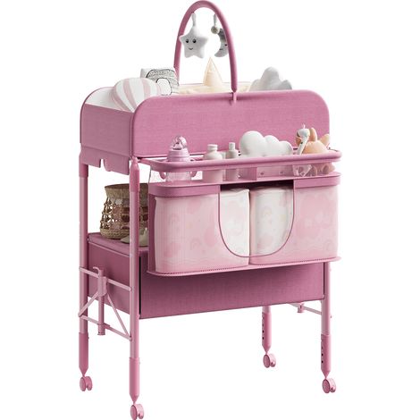 KLAPPBARER BABY-WICKELTISCH MIT 2 SCHUBLADEN, 4 HÖHEN, FESTSTELLBAREN ROLLEN, SICHERHEITSGURT, MESSFUNKTION, WASSERDICHTE AUFLAGE, PINK