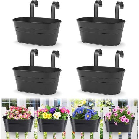4er-Set hängende Blumentöpfe aus Metall, 27,5 cm große Pflanzgefäße, Hängekübel mit abnehmbarem Haken für Balkon, Zaun, Garten, Heimdekoration (Schwarz) (1/5)