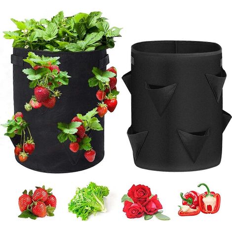 Set van 2 aardbeienkweekzakken, ademend non-woven materiaal met verstevigde handgreep, kweekzakken voor aardbeien, bloemen en kruiden (zwart) (1/5)