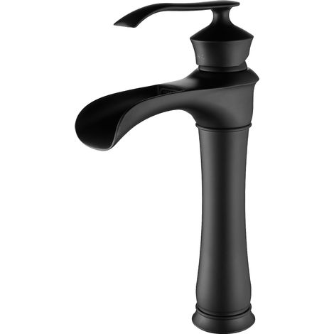 Robinet mitigeur de lavabo à hauteur haute, bec cascade pour salle de bain, robinet de lavabo en laiton, robinet mitigeur moderne à levier unique chaud et froid pour vasques de comptoir, noir (1/5)