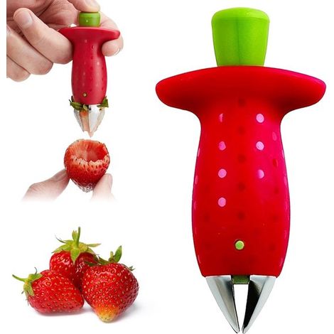 Juego de 4 piezas quitar tallos hojas de fresas: multifuncional quitar fácilmente tallos de tomates, Utensilios de picnic frutas verduras (rojo) (1/5)