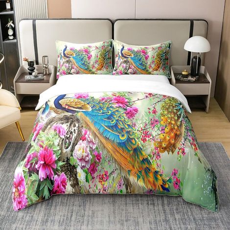 Fleurs Paon Coton Housse de Couette Paon Plumes Design Parure de lit Enfants Garçons Filles Animaux thème Literie Set Animaux Sauvages Housse de Couette 140x200cm - 140 x 200 cm + 1 taie d'oreiller 65 (1/5)