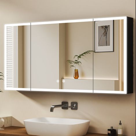 WDWRITTI Spiegelschrank Bad mit Beleuchtung 120x60 cm, Großer Spiegelschrank Schwarz mit Beleuchtung Badezimmerschrank mit Spiegel Bad-Hängeschränke mit 3 Einstellbare Lichtfarben, Beschlagfrei (1/5)