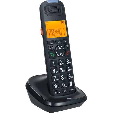 Combiné téléphonique sans fil avec affichage 3 lignes, identification de l'appelant, répertoire 50 contacts, mains libres, interphone, conférence, sourdine, touche amplification audio, 16 langues, bur (1/2)