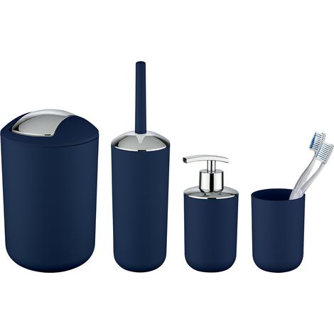Wenko – Set d'accessoires salle de bain 4 pièces – Distributeur de savon 320ml – Poubelle 6,5L – Brosse WC avec tête remplaçable – Bleu