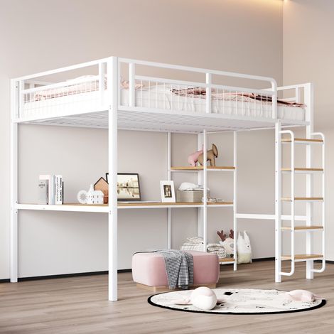 Lit mezzanine en métal 140x200cm, échelle de sécurité avec escalier, lit enfant avec table et étagère, lit junior/adulte, barrière de sécurité en grillage métallique, blanc, garantie 2 ans
