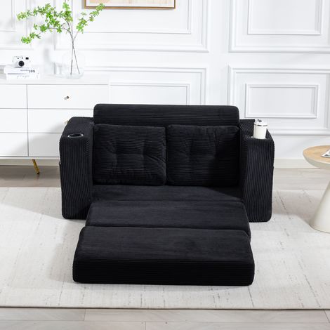 Canapé 2 Places 136x80cm - Modulaire - Tissu Corduroy Noir - Assise Mousse Mémoire de Forme - Porte-Gobelets et Poches Latérales - Sans Montage Requis - Capacité 150kg