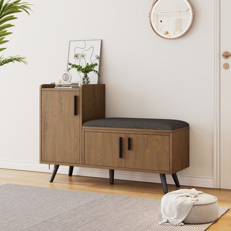 Banc à chaussures marron avec siège confortable et trois portes de rangement, 100x34x68.5 cm