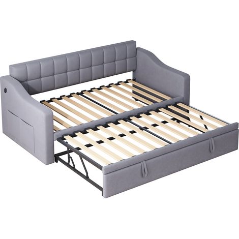 Canapé-lit extensible 2 en 1 gris en velours avec ports de charge et poche de rangement HOMVRA (1/5)