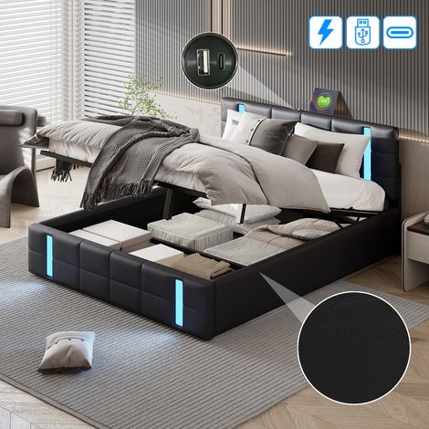 Lit coffre 160 x 200 cm avec sommier,lit double rembourré avec LED et port USB,lit 2 personnes avec rangement,sommier à lattes,lit adulte,PU,noir (1/5)