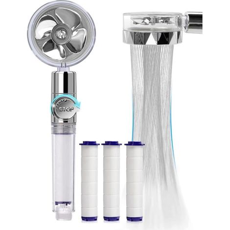 Hand shower, water-saving anti-limescale shower head, 360° rotatable high-pressure propeller shower head, three-stage filter filter system with 3 replaceable PP cotton shower heads (silver) (1/5)