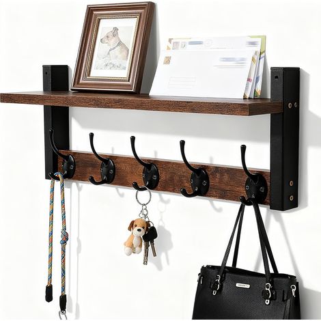 Wandgarderobe mit Ablage und 5 Haken, 43,5 cm langer Wandhaken für Schlüssel und Post, Wandelement für Eingangsbereich, Wohnzimmer, Schlafzimmer, Küche und Waschküche