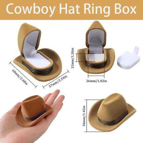 Joyero único con forma de sombrero de vaquero，Caja de terciopelo estilo western para anillos，Regalo original para la novia y el compromiso，Marrón (1/4)