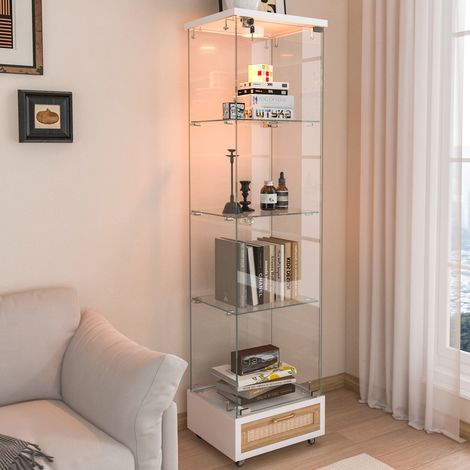 Vetrina in vetro temperato con LED a 13 colori, vetrina per collezioni con 1 anta, 4 ripiani e cassetti, libreria vetrina 167 x 42,5 x 36,5 cm, bianca